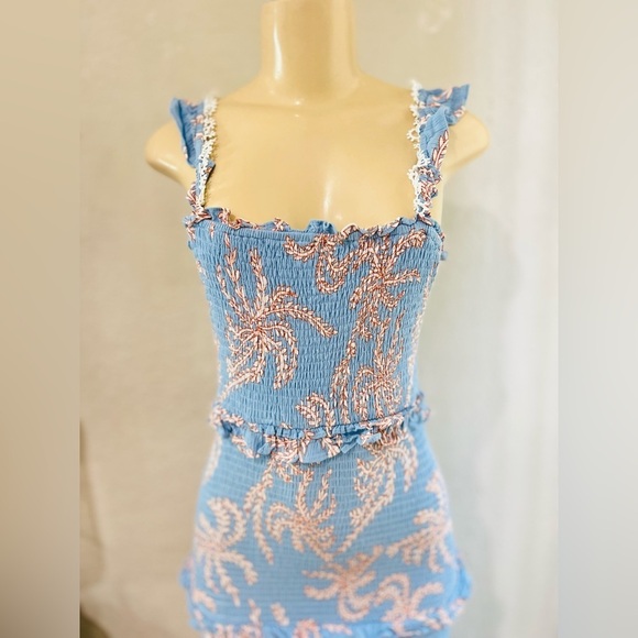 SAINTS & SECRETS
Soleil Ruffle Strap Shirred Dress Leaf Print Blue size med - Picture 15 of 15